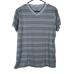 Blue Brown White Gray Stripe V-Neck Shirt Size Large EUC #4433